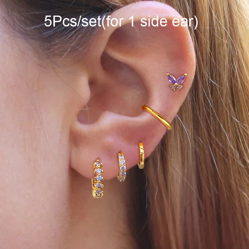 CRMYA 5 pezzi/set orecchini per donna moda polsino dell'orecchio zirconi farfalla orecchini a cerchio orecchini da donna gioielli da festa