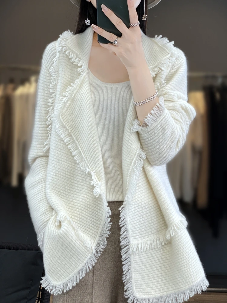 100% Merino Wool Women\'s Clothing Autumn and Winter New Knitted Cardigan Casual Loose Fitting Suit Collar Jacket Fashion Korean