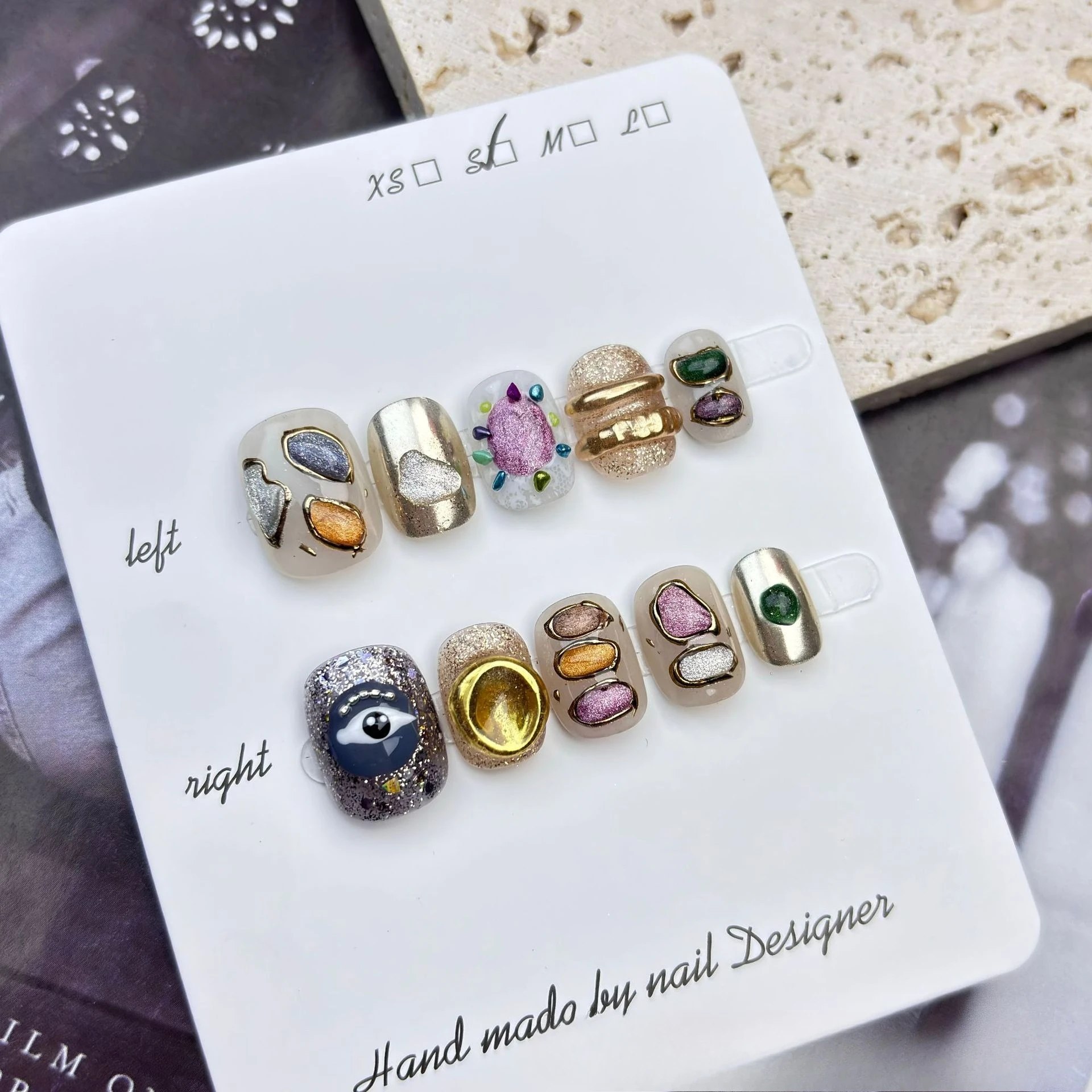 10개 귀여운 만화 프레스온 네일 컬러풀한 가을 인조 손톱 달콤하고 시원한 레트로 가짜 손톱 글리터 캣아이 네일 짧은 스퀘어 네일