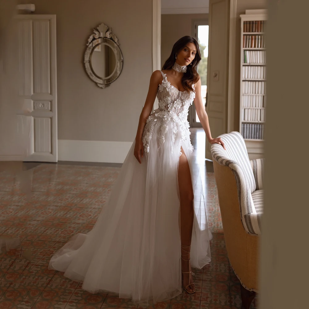 

2025 Boho Wedding Dress Flowers Spaghetti Straps Beaded A Line Bridal Dresses Sweep Train Beach Bride Wedding Gown Customized