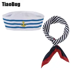 Women Navy Wear Part Scarf Stewardess Striped Patchwork Satin Small Square Scarf with Carnival Christmas Striped Sailor Cap