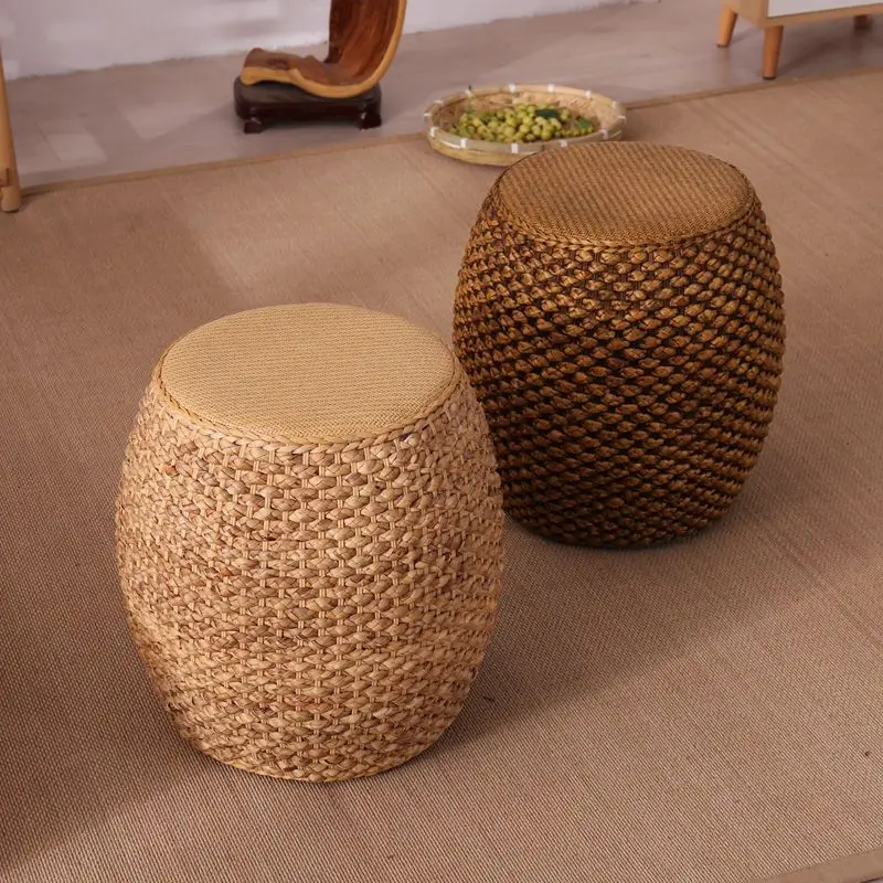 Handwoven Rattan Ottoman Stool with Solid Wood Frame, Round Boho Pouf for Entryway, Living Room, Vintage Footrest & Seat Accent