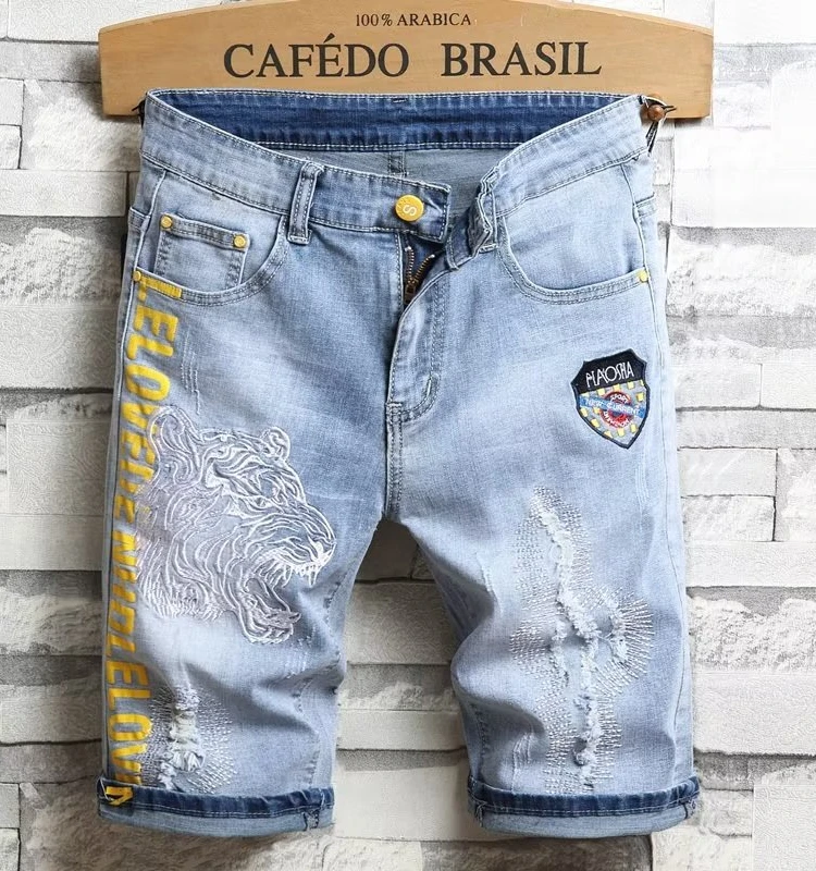 

Мужские летние тонкие джинсовые шорты Light Wa с вышивкой и рваными элементами, модные, брендовые, облегающие, эластичные, длиной до колена, повседневные брюки