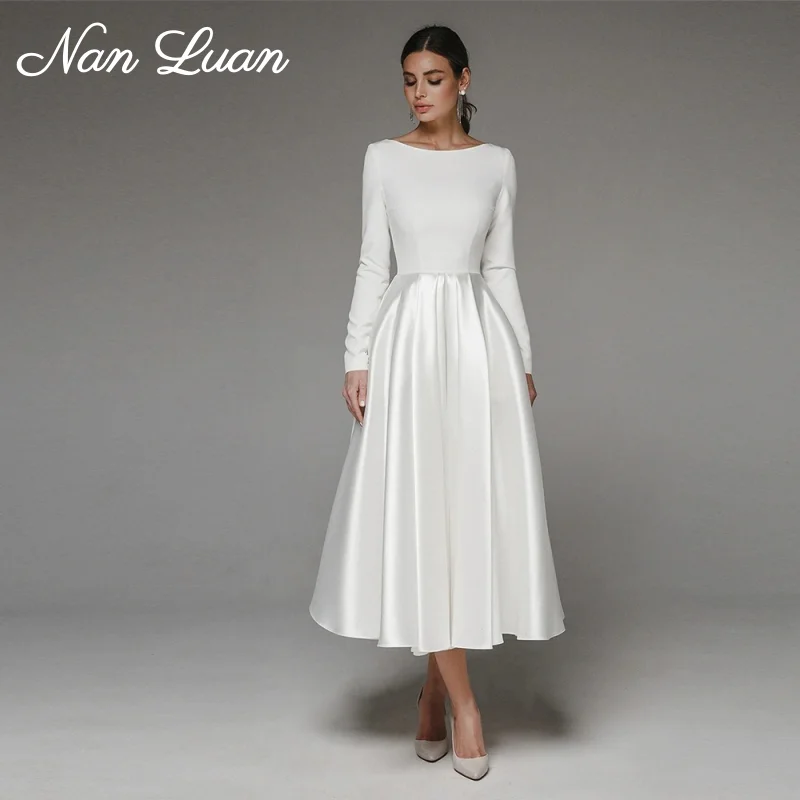 2026 Bootshals-Satin-Hochzeitskleid mit Langen Ärmeln, A-Linie Midi-Brautkleid, Vestidos de Novia, Maßanfertigung