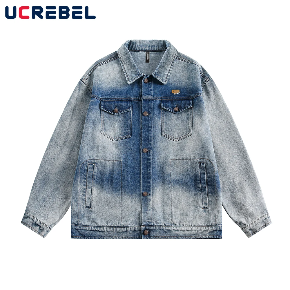 

Pocket Spliced Denim Jacket Mens High Street Washed Distressed Pocket Lapel Single Breasted Denim Jacket Men