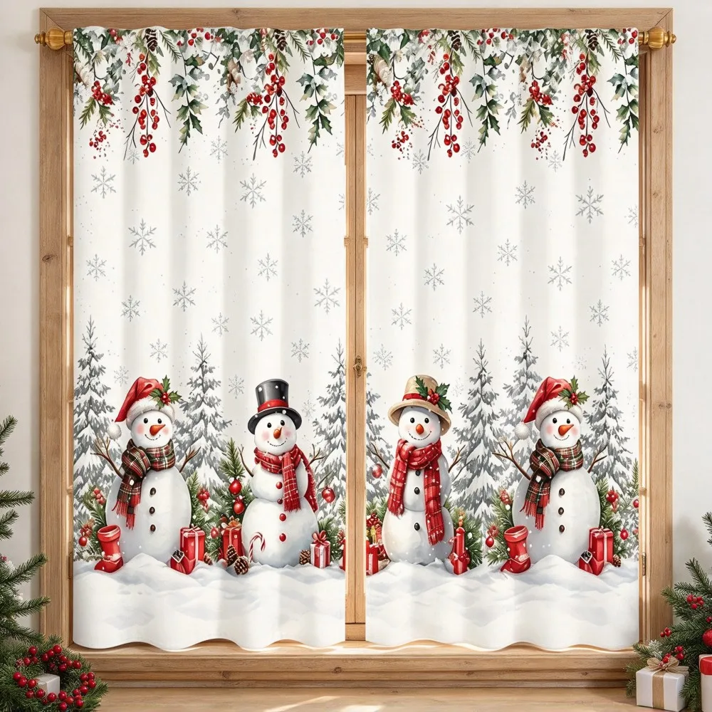2PCS Christmas Winter Curtains, Watercolor Snowman Pine Berry Forest Gift, Digital Print, Bedroom Living Room, Home Decor