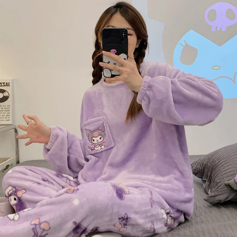 New Sanrio Kuromi Pajama Sets Women Winter Warm Plush Cute Sleepwear Print Pajama Cartoon Home Clothes Valentine\'S Day Gift Soft