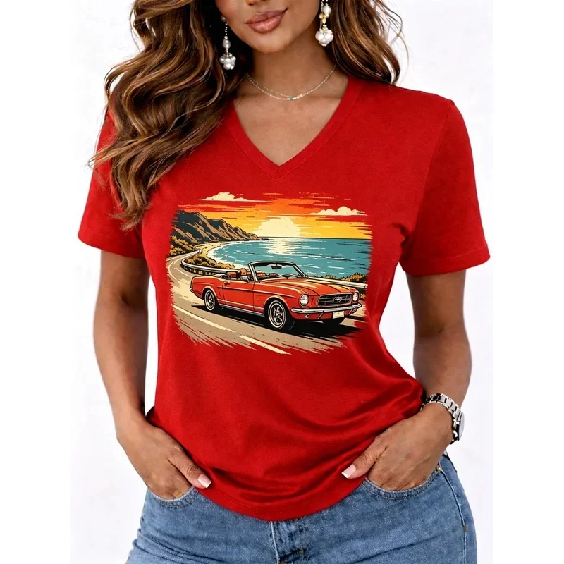 V-neck T-shirt with tropical parrot and plumeria print for women, casual short-sleeve tops, elegant daily wear.
