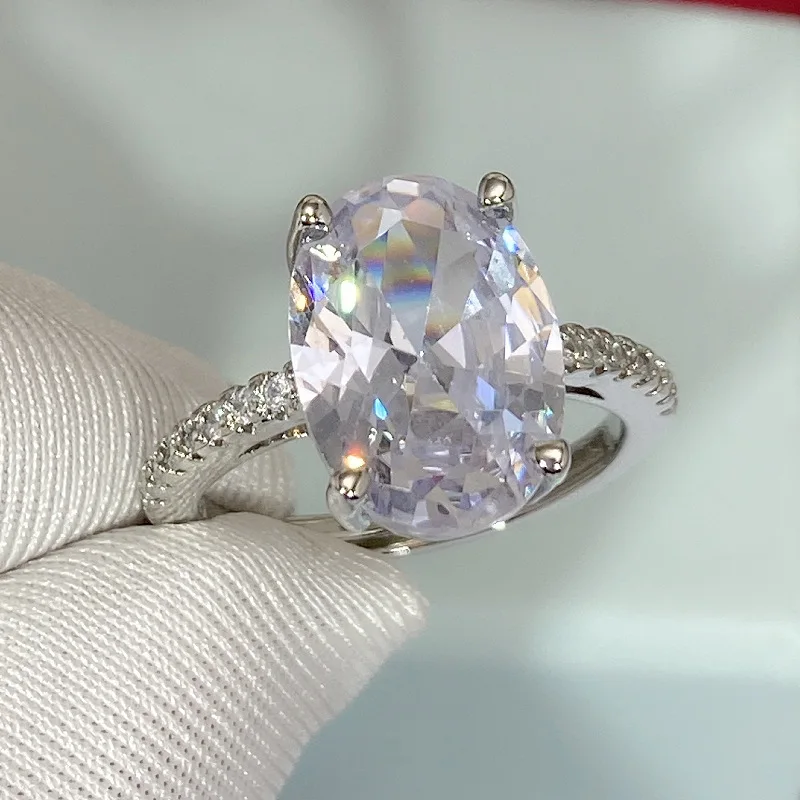 خاتم ألماس من الفضة الإسترليني عيار 925 بيضاوي 4 قيراط للنساء - خواتم مجوهرات الزفاف المتلألئة والخطوبة وحجر كبير