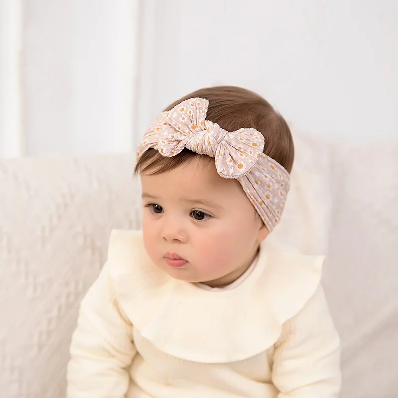 Floral Print Baby Bow Headband, Cable Knit Wide Nylon Turban Head Wraps Baby Shower Gift KIds Girls Hair Accessories