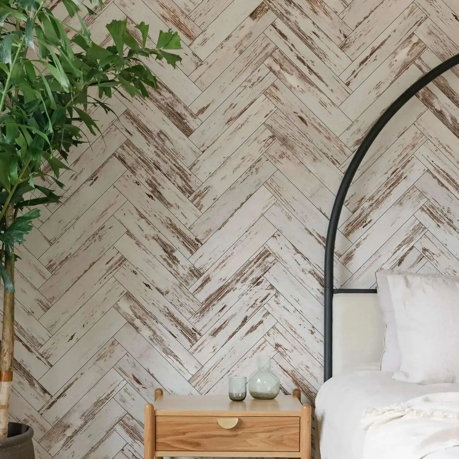 Natural Wooden Look Herringbone Wallpaper, Peel and Stick or Traditional,Rustic Herringbone Self Adhesive Wall Mural, Home Decor