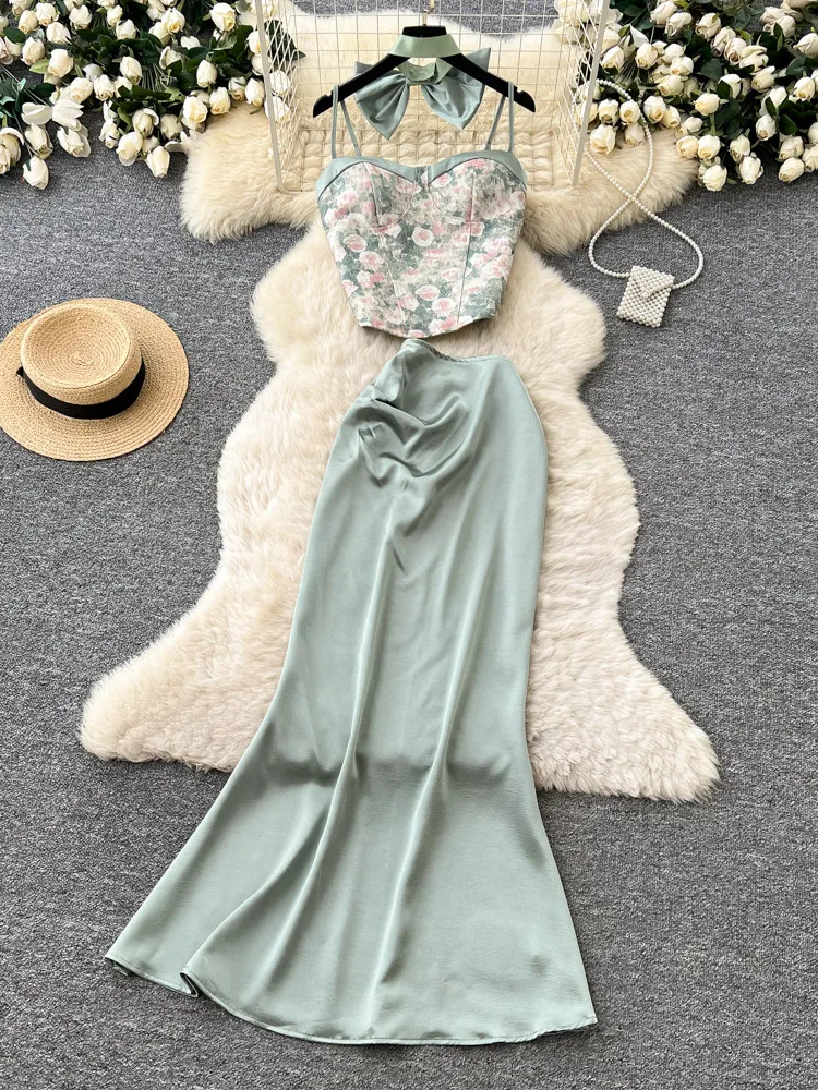 

2026 European Style Floral Print 2 Piece Women Shirt Set Camisole Top Satin Pleated Skirt Party Banquet Gathering Club Outfit