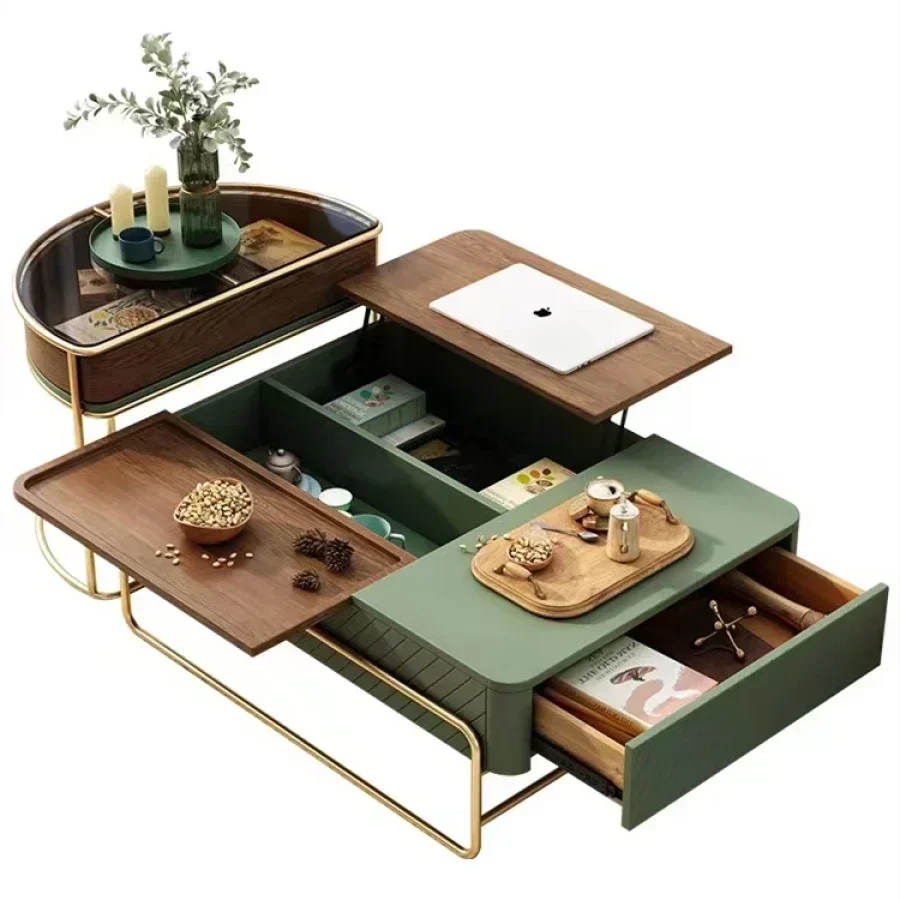 Lift-top Modern Nesting Coffee Table Set with Drawer, Tempered Glass Top Side Table, 39.37'', Green