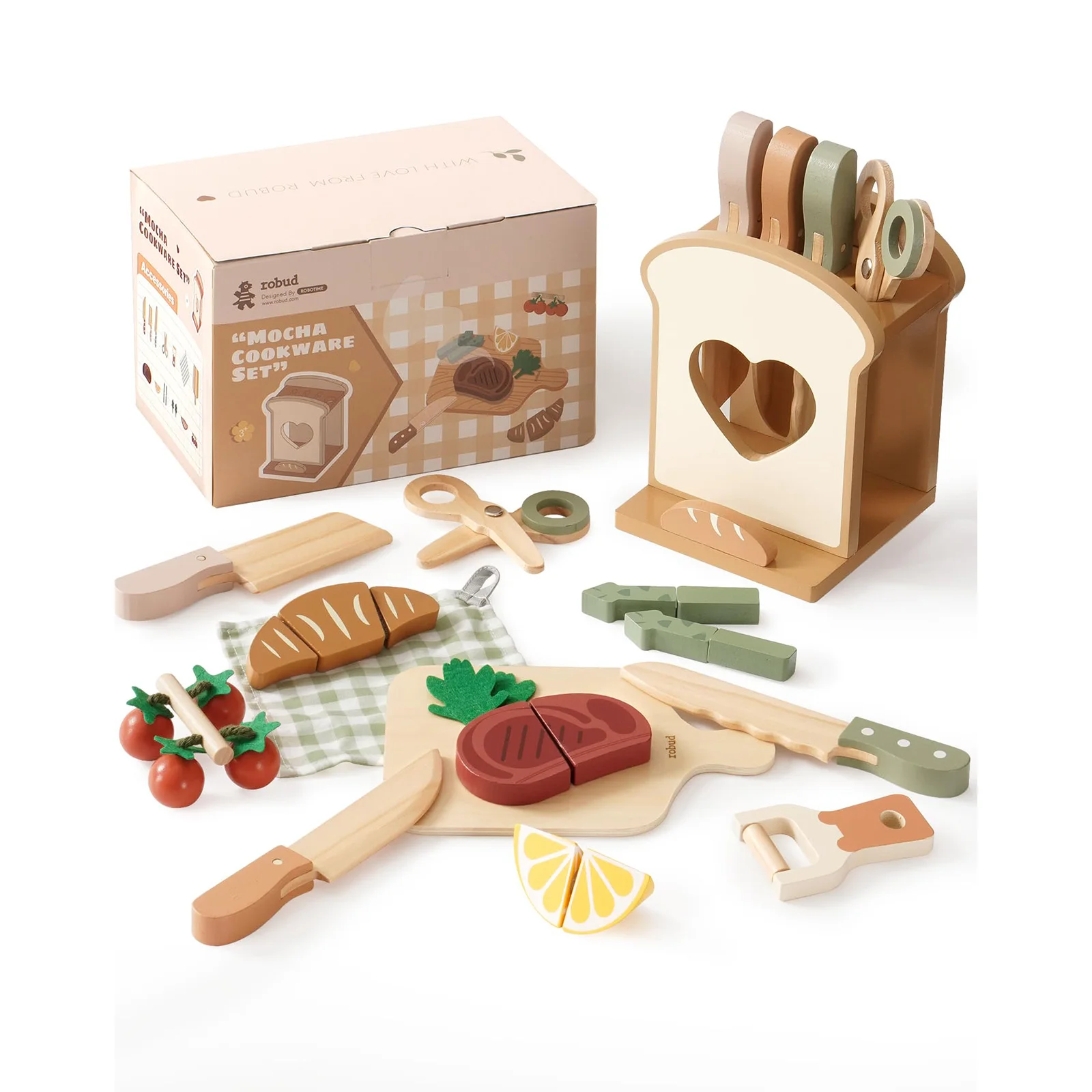 ROBUD เล่นชุดมีดทําครัวไม้ Playset Montessori แรงบันดาลใจ Pretend KITCHEN ของเล่นบทบาทเล่นของขวัญสําหรับชายและหญิง
