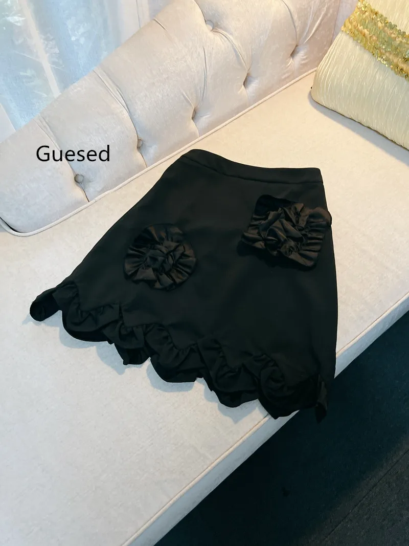 Guesed Black Skirt A-Line Three-Dimensional Flower Decoration Skirts Women French Design Vintage Elegant All Match High Waist