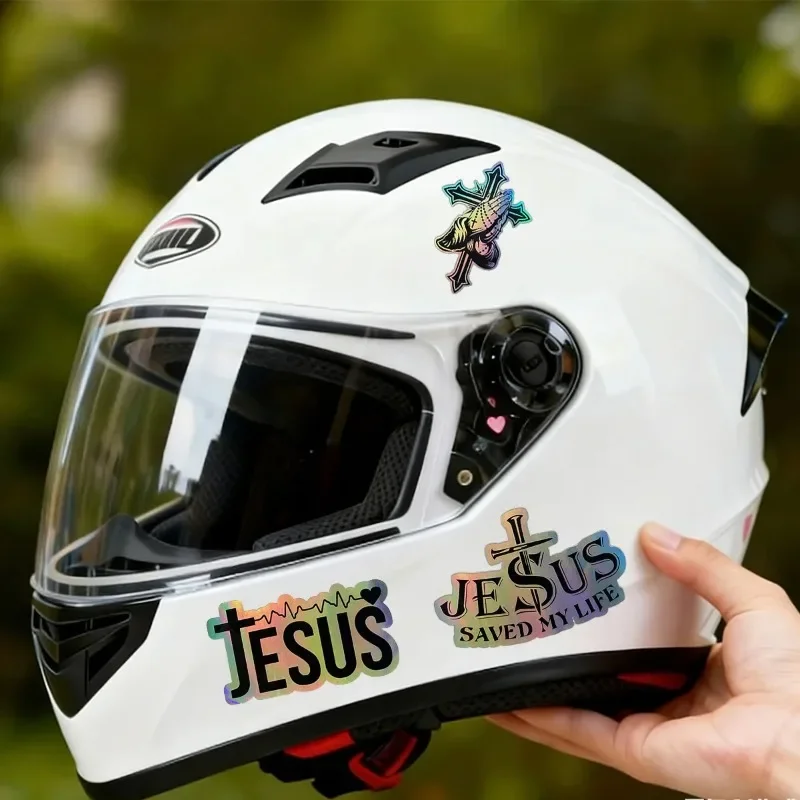 Holographic Jesus Car Decal Waterproof Vinyl Sticker Religious Rainbow Laser Design for Motorcycle Bike Scooter Helmet Fuel Tank