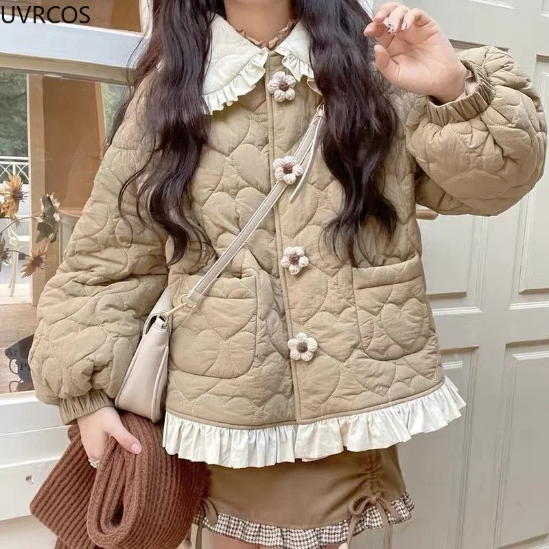 Chaqueta holgada y cálida de estilo coreano para mujer, parka elegante con cuello de volantes, Abrigo acolchado estilo japonés Harajuku Kawai, 2023