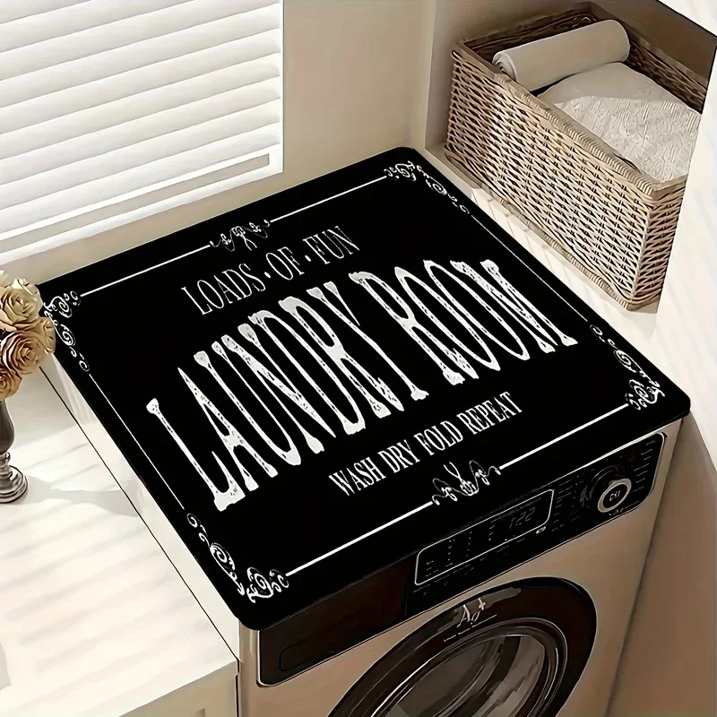 VIKAMA Black White Retro Border Text Pattern Washing Machine Dust Cover Non-slip Shock Absorbing Laundry Area Decor Mat