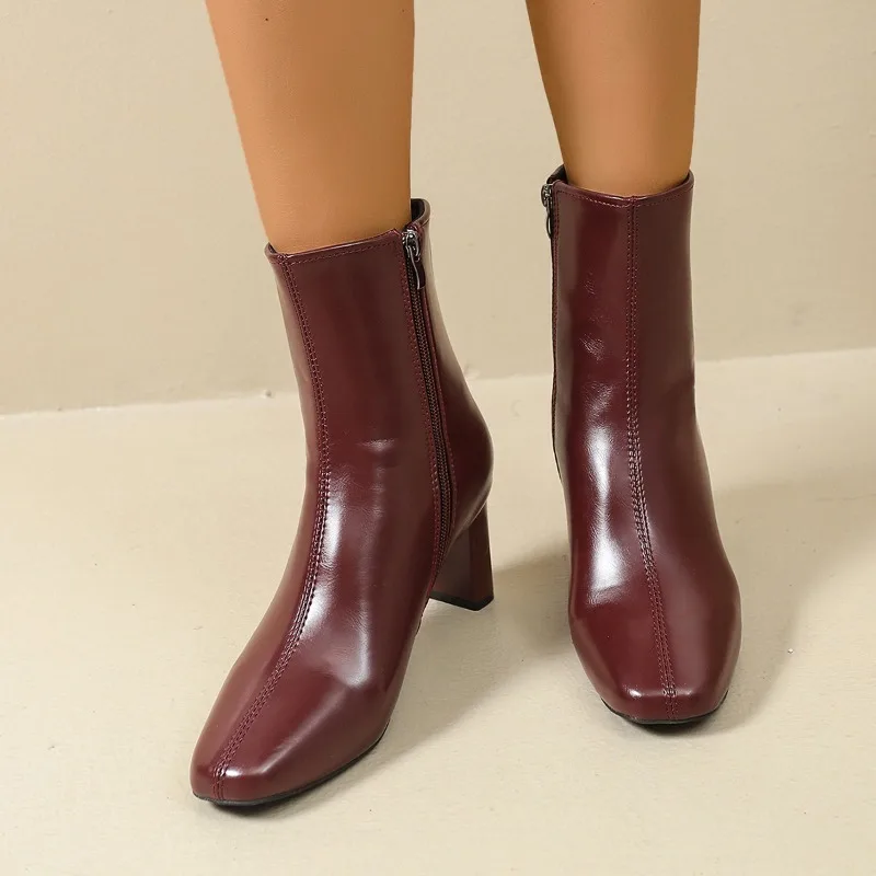 Fashion Brown High Heels Women Short Boots Autumn Winter New Square Toe Coarse Heel Ankle Boots Casual Lady Shoes Middle Boots
