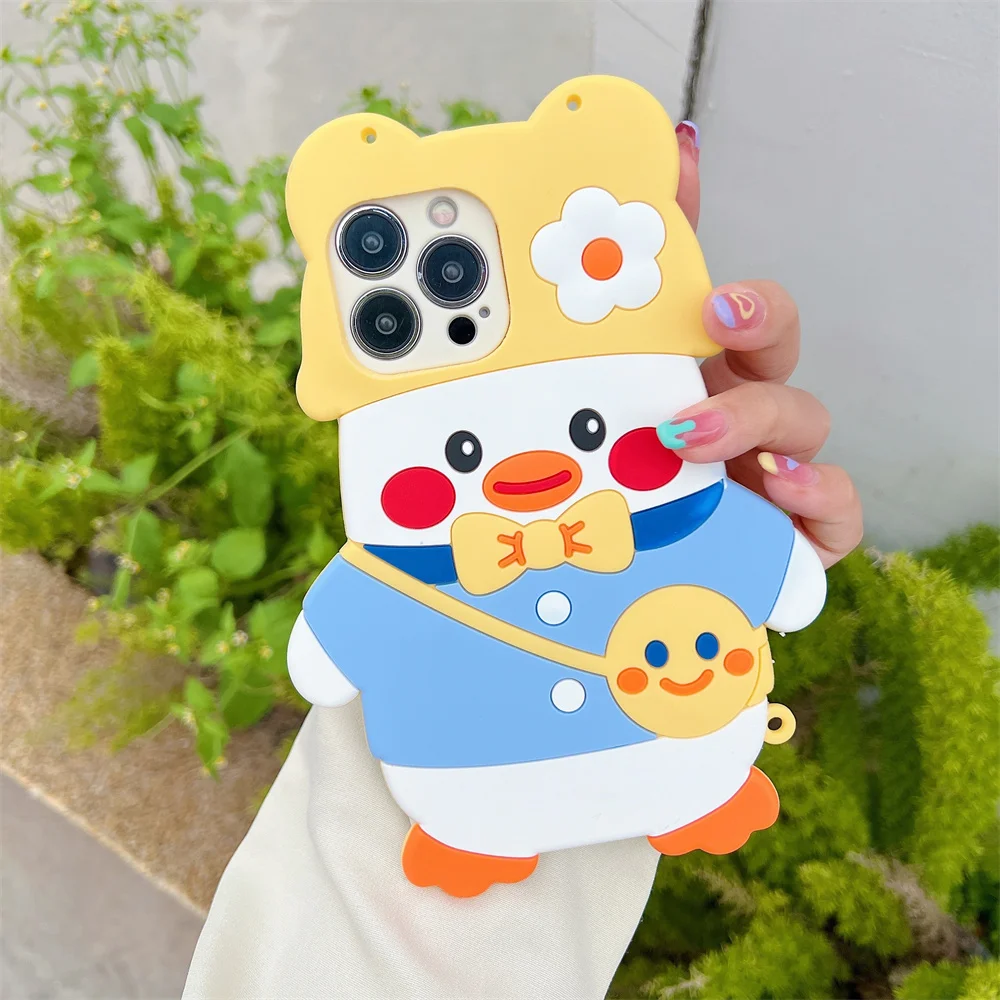 Kawaii Fresh Duck Hat Bow Bead Chain Case for 17 Pro Max Crossbody Strap Cartoon 3D Soft Silicone Cover for iPhone 16 15 14