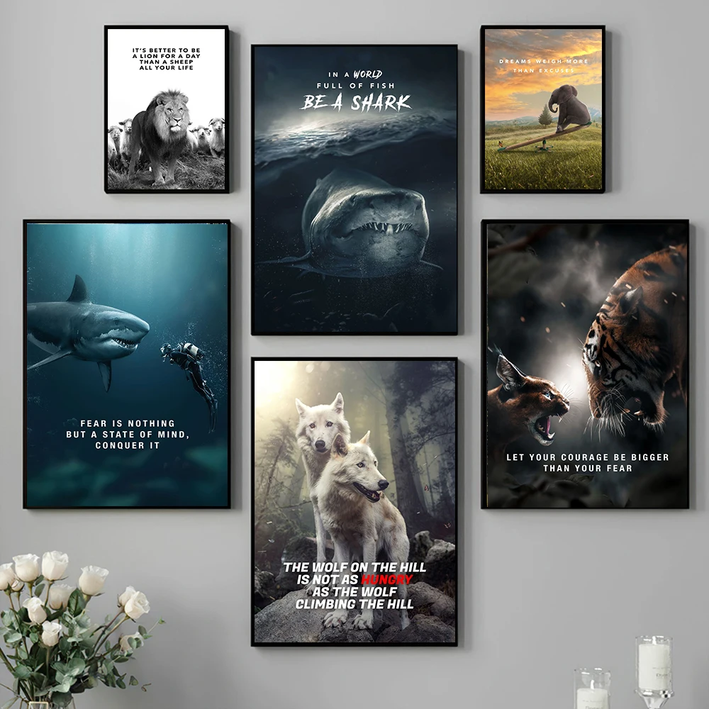 Mindset Motivational Phrases Poster Print Inspiring Words Wall Art Canvas Painting Tiger Lion Wolf Shark Office Home Decoration