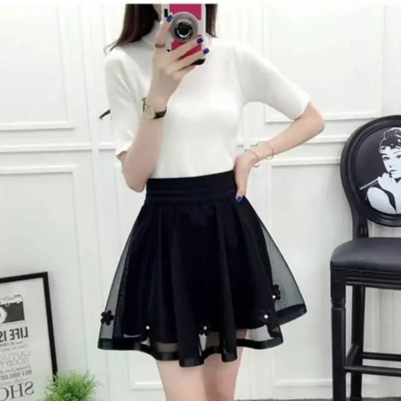 Mini Skirts Women Gauze Baggy Black Summer All-match Elastic Waist A-line Korean Fashion Streetwear Designer Юбка Женская Temper