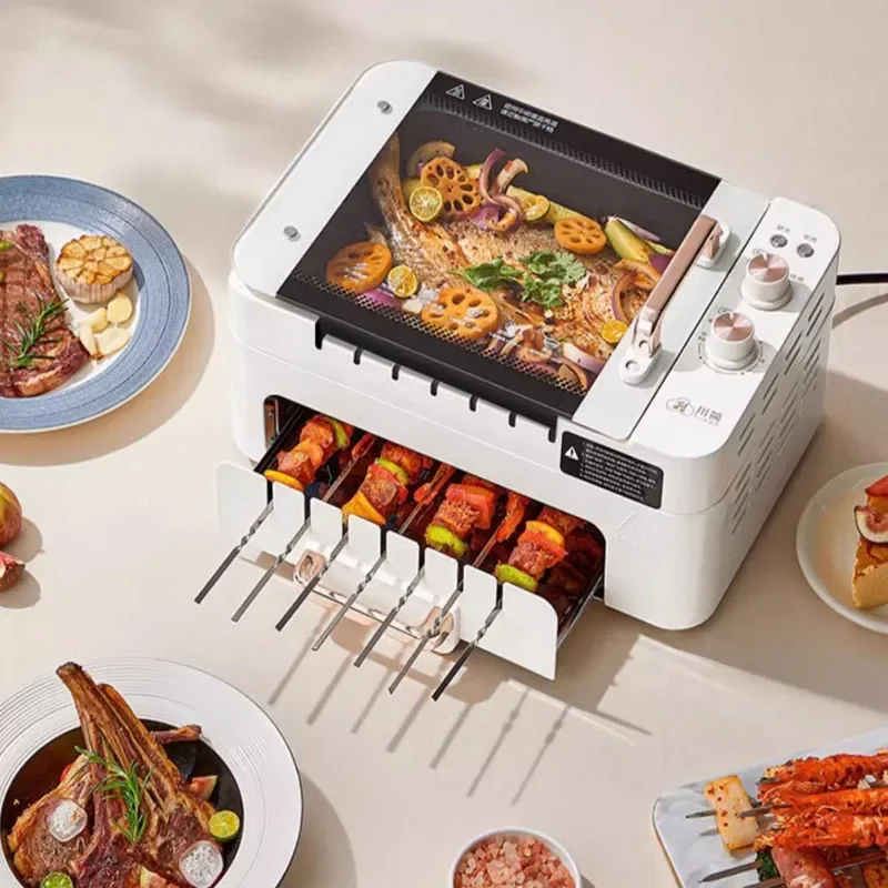 Household Electric Grill Automatic Rotating Barbecue Machine Non-stick Frying Pan 220V 2 Layers Barbecue Skewer Machine