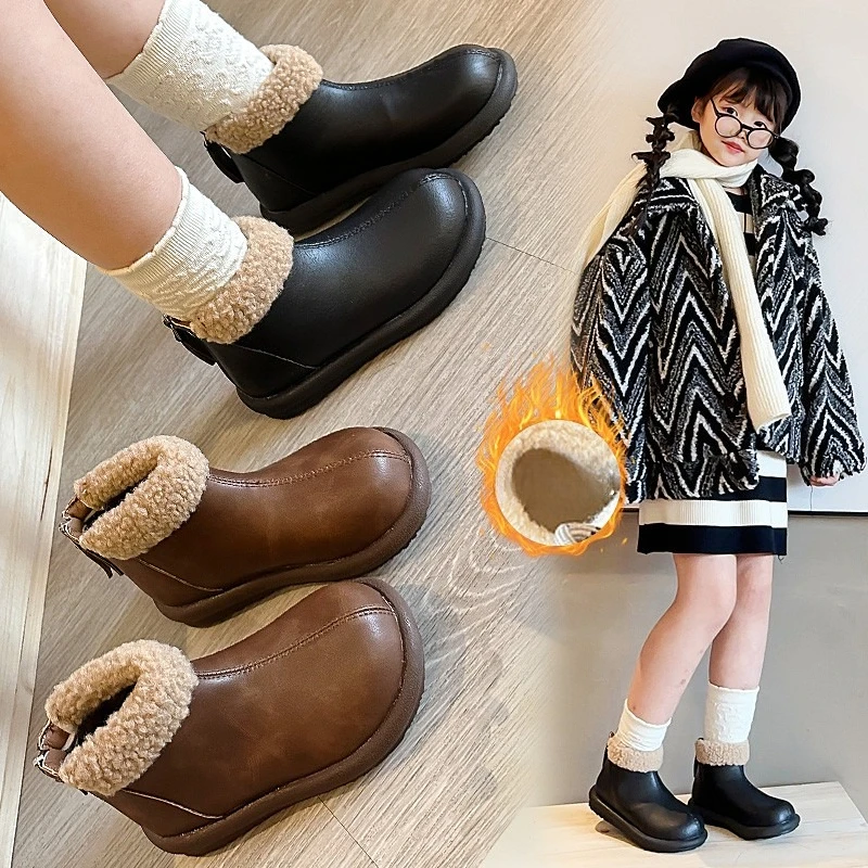 

Children's Snow Boots 3-18 Years Old Brown Padded Thickened Boys Girls Cotton Shoes Black Lightweight Non-slip Kids Short Boots