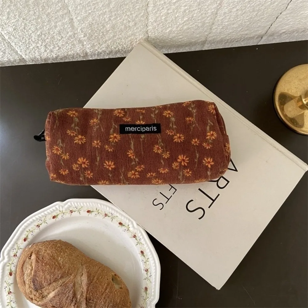 Vintage Portable Pencil Case Ins Style Flower Print Storage Organizer Pouch Corduroy Pen Bag for Girls