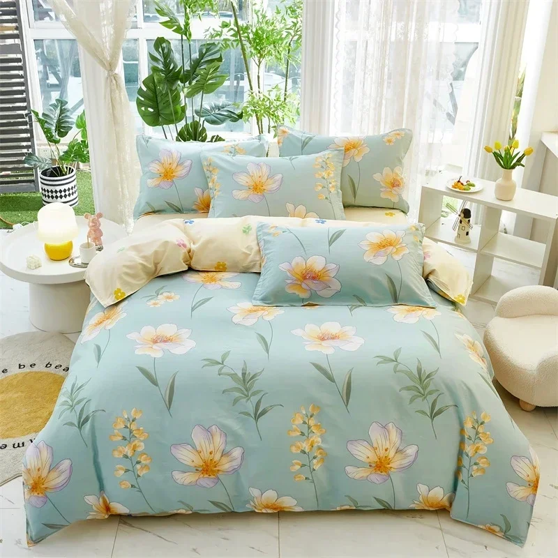 Botanical Green Leaves Yellow Floral Duvet Cover Twin 3PCS Garden Flower Bedding Set Cotton Reversible Flowers Comforter Cover