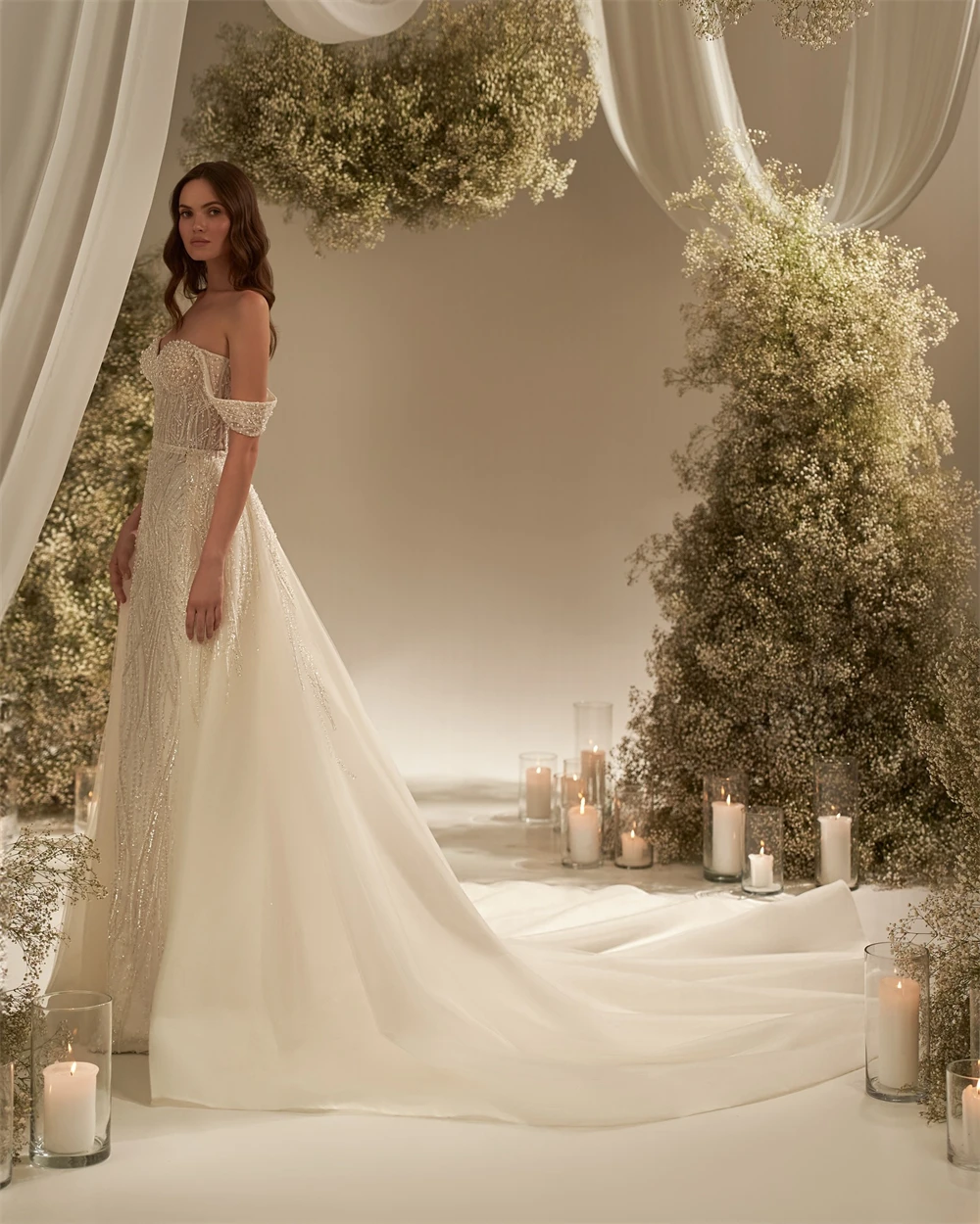 Customized Sexy Ivory Organza Wedding Dress Soft Sweetheart Off the Shoulder Bridal Gown Boho Mermaid Chapel Train Bridal Party