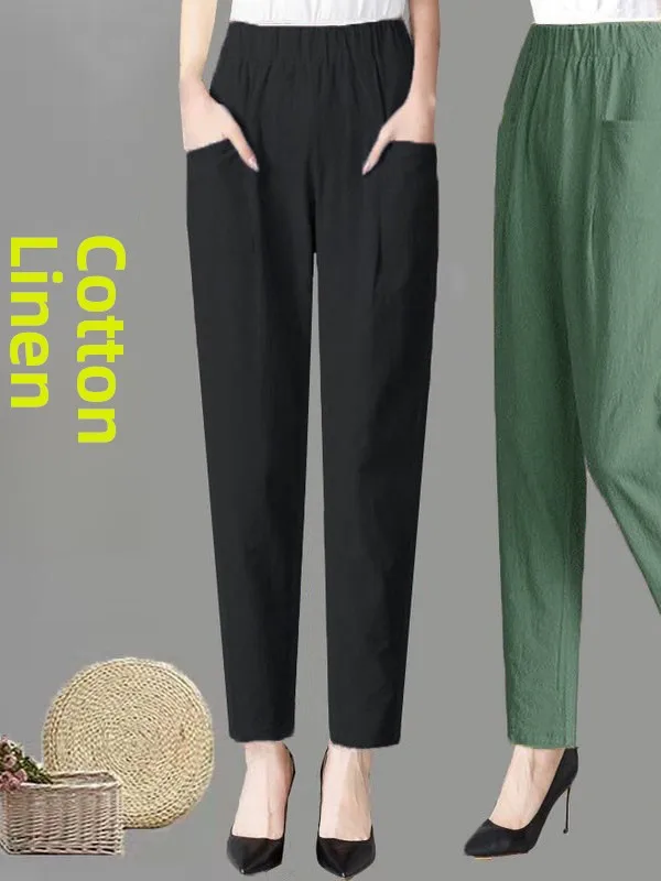 بنطلون هاريم فضفاض رقيق من القطن والكتان للصيف، بنطلون نسائي كاجوال أسود على شكل فانوس، نمط كوري بخصر مرتفع وطول تسعة أرباع