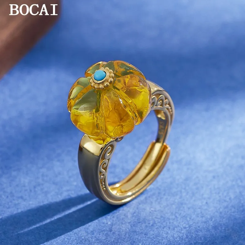 

BOCAI S925 чистое серебро античный стиль темперамент геометрия позолоченные бусины в виде тыквы янтарное кольцо