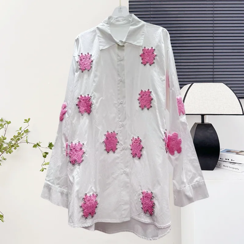 

2025,New,European,Clothes,Loose,Blouse,Chic,Sexy,Polo collar,3D,Diamonds,Single-breasted,Women,Long Sleeve,Shirt,Casual,Tops,560