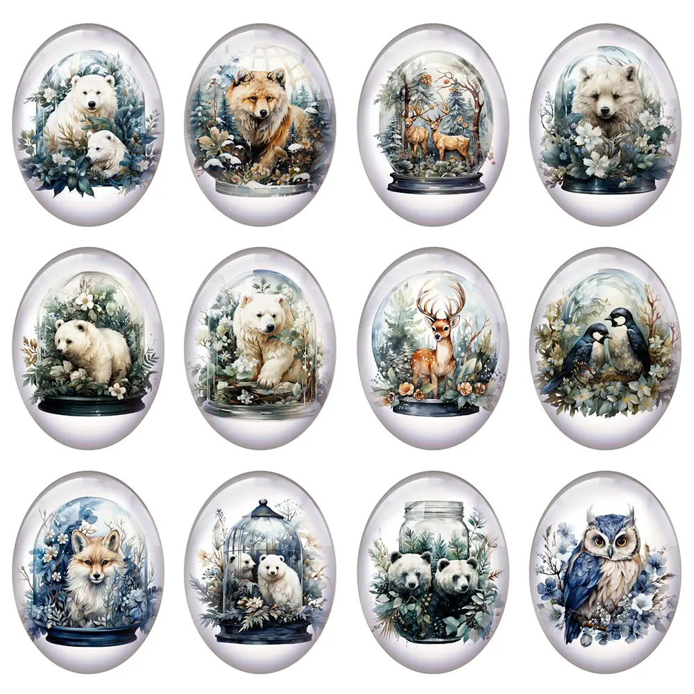 10pcs/lot Christmas X-mas Winter Owl Reindeer Panda Fox Oval Photo Glass Cabochon Flatback Demo Cameo For Diy Jewelry Making