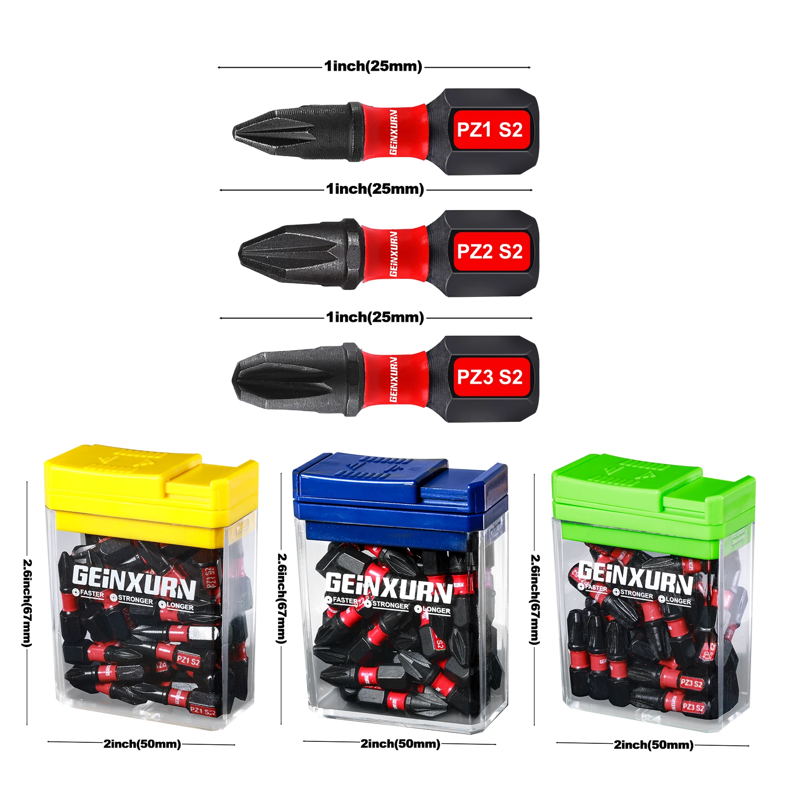 Geinxurn 30 Pcs Impact Phillips Magnetic (PZ1,PZ2,PZ3) S2 Steel Multi Driver Bits with Storage Colorful Box(Yellow,Blue,Green)