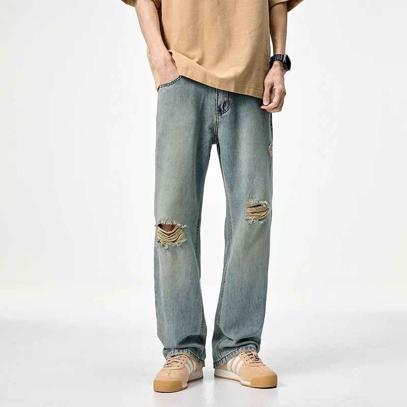 

summer and spring new clanfit straight tube version lyocell ripped straight tube loose fit jeans