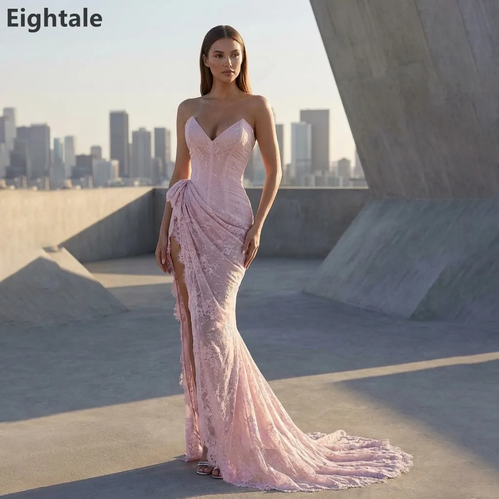 

Eightale 2025 Pink Lace Mermaid Sweetheart Maxi Evening Dress for Wedding Party Formal Prom Dubai Party Gown Customized