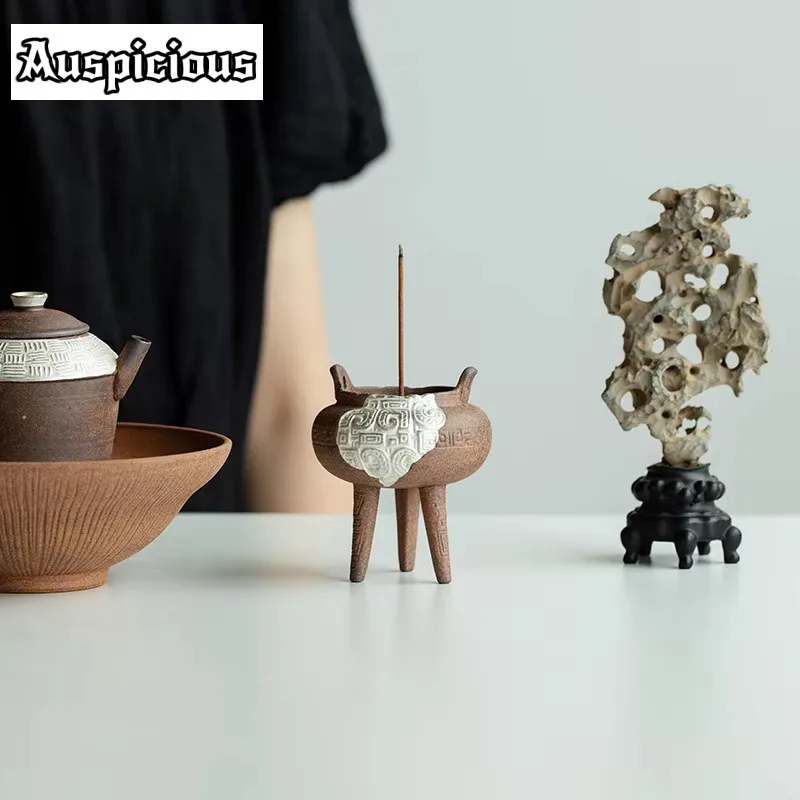 Handmade Old Rock Mud Three Legged Incense Holder Taotie Silver Design Aromatherapy Furnace Zen Censer Burner Holder Ornaments