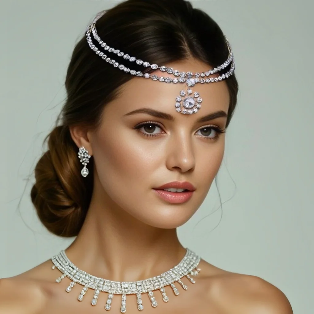 Diadema nupcial de lujo para la frente con diamantes de imitación para mujer, cadena para la cabeza con peine, accesorios para el cabello de boda, tocado colgante, HP585