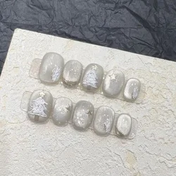 10pcs Girl Handmade Christmas Snowflake Cat's Eye Artificial Press on Nails Decorated Fake Nail Art False Stick-on Nails Finger