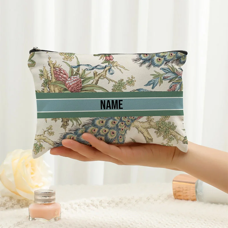 Customized French Toile De Jouy with Peacock Retro Pattern Makeup Cosmetic Bag Personalized Wedding Purse Bridesmaid Gifts Pouch 4