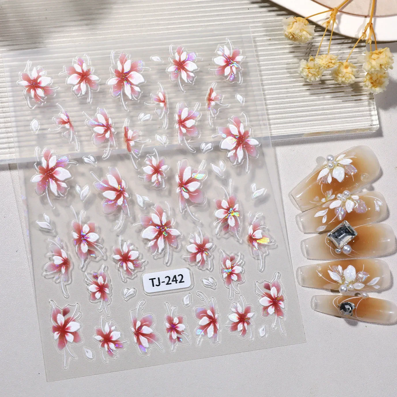 1 Set 5D Embossed Aurora Fairy Flower Nail Stickers Shell Shine Blooms Self-Adhesive DIY Manicure Nail Decor Ornaments