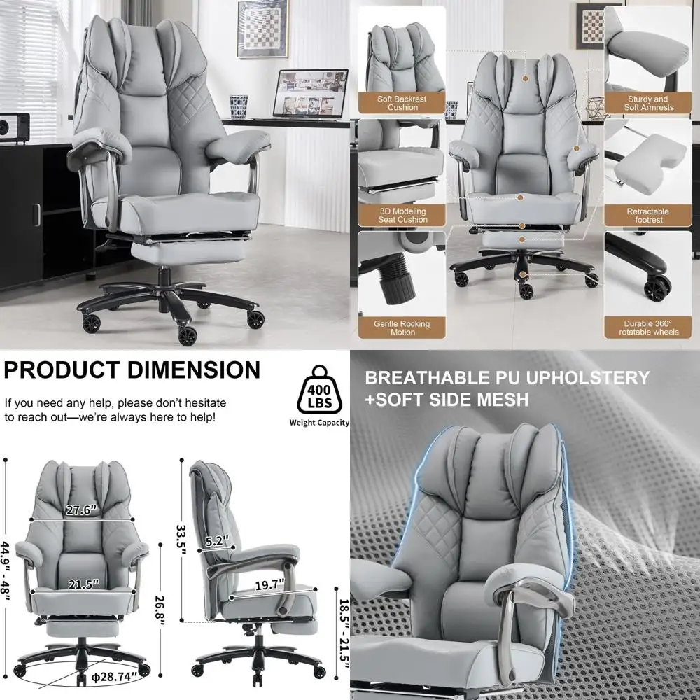 튼튼한 400파운드(약 180kg) 하중의 넓은 좌석과 발받침이 있는 사무용 의자, 등받이가 높은 인체공학적 임원용 책상 의자