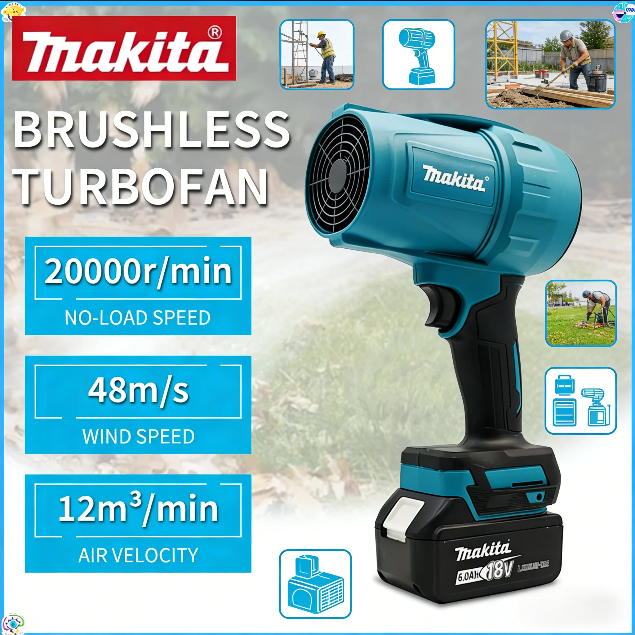 

Электрическая воздуходувка Makita Car Cleanin Violent Blower Turbo Jet Fan с турбонаддувом, регулировкой скорости, перезаряжаемая, с подсветкой, инструмент для очистки автомобиля