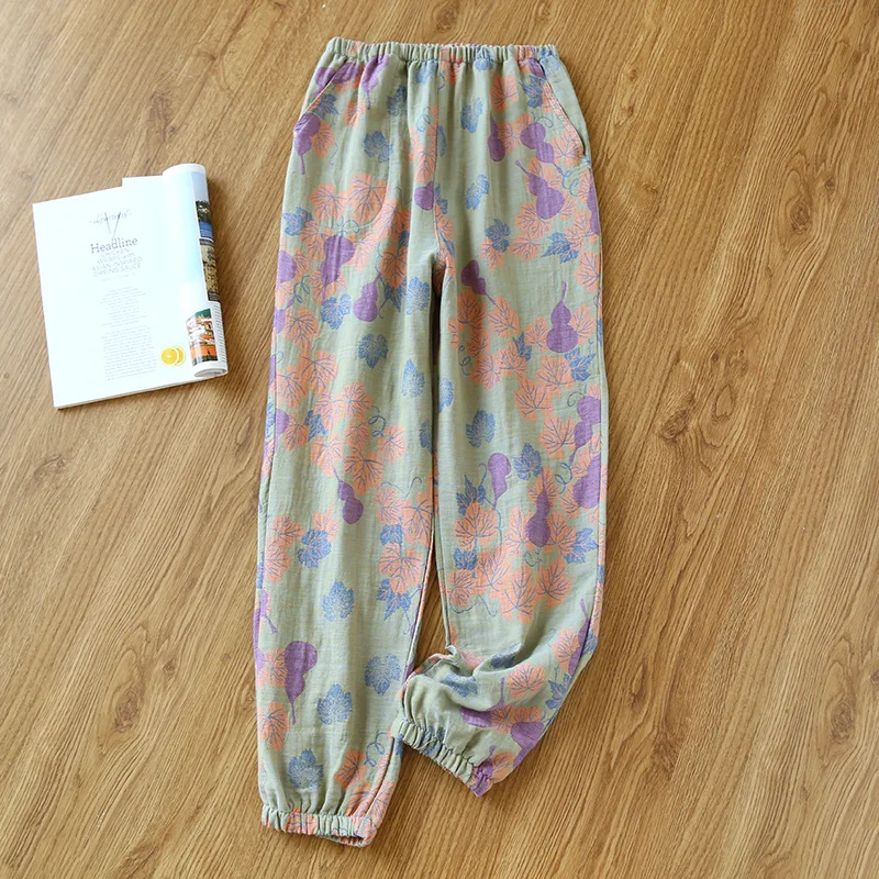 Summer Cotton Pajamas Pants Women\'s Dyed Gauze Trousers Loose Thin Elastic Waist Sleep Bottoms Print Lounge Wear