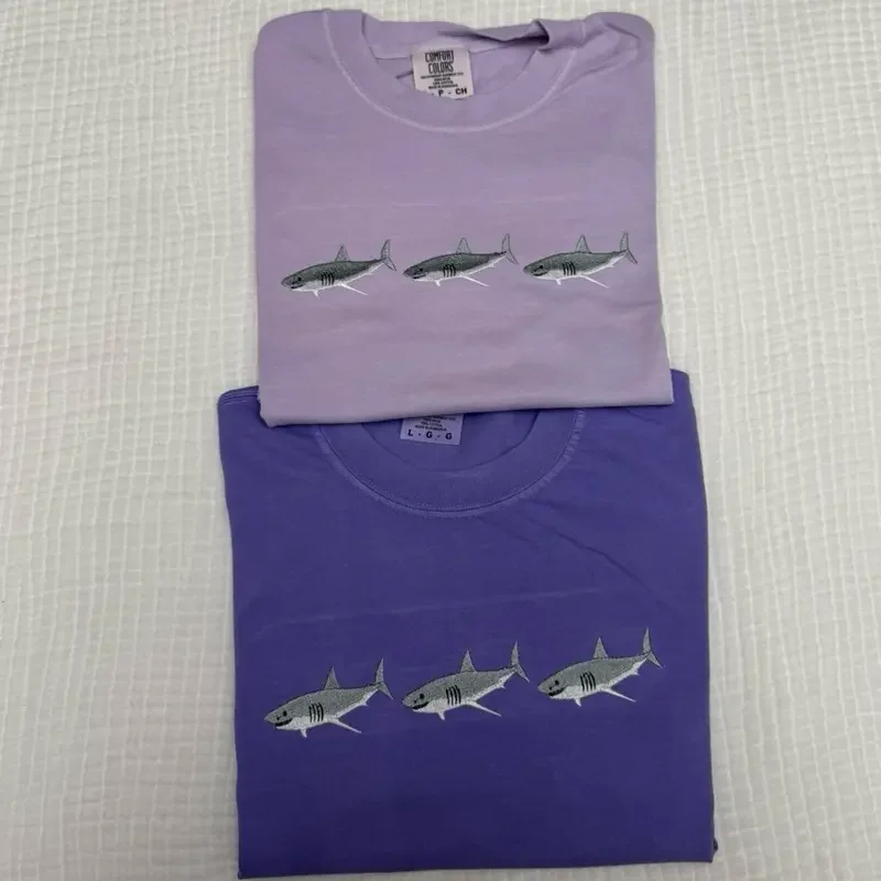 

Shark Embroidery Graphic Crew Neck Washed Tshirt Unisex Winter Casual Oversize Loose Fit Trendy Basic Top For Men Women Daily