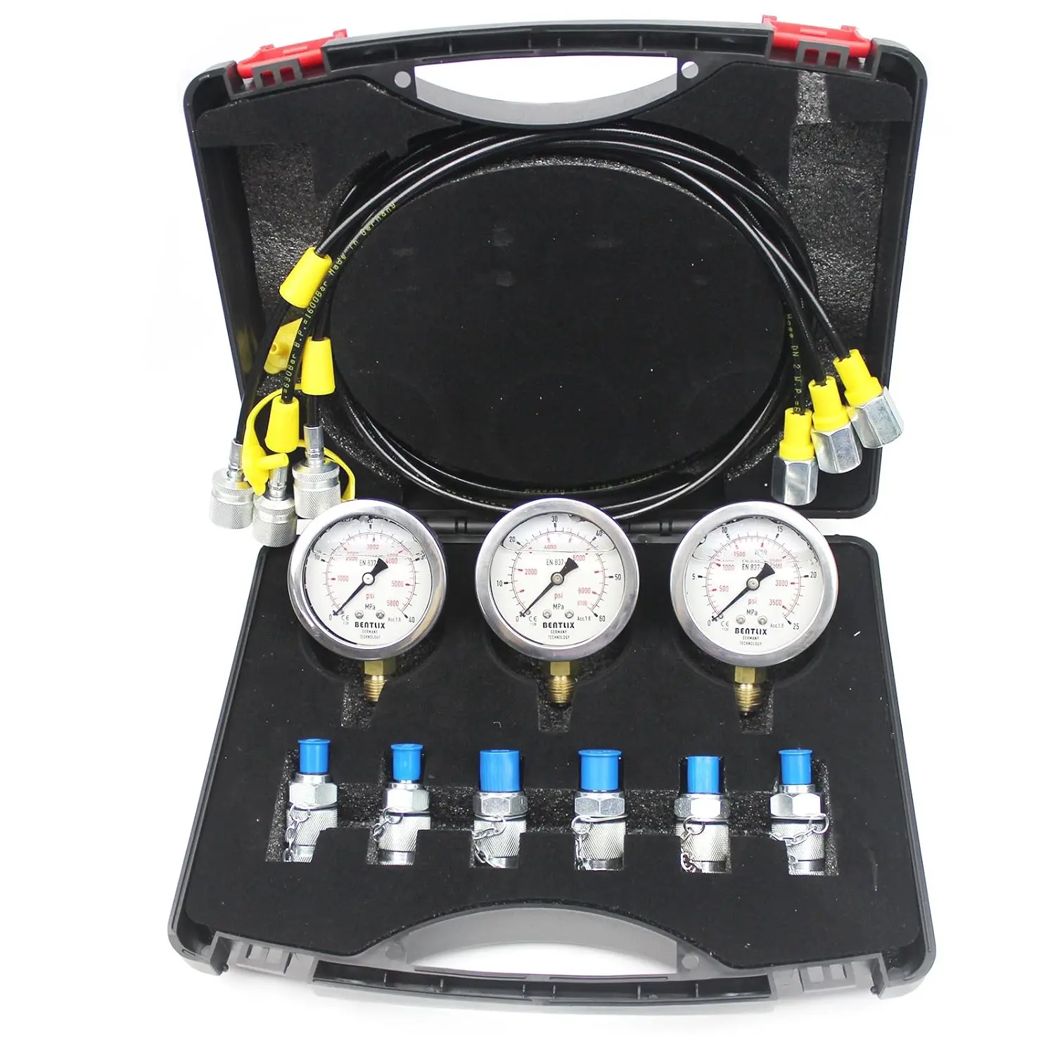 

Hydraulic Pressure Test Coupling Kit with 3 Pressure Gauge 3 Hoses 6 Couplings for Excavator Construction Machinery
