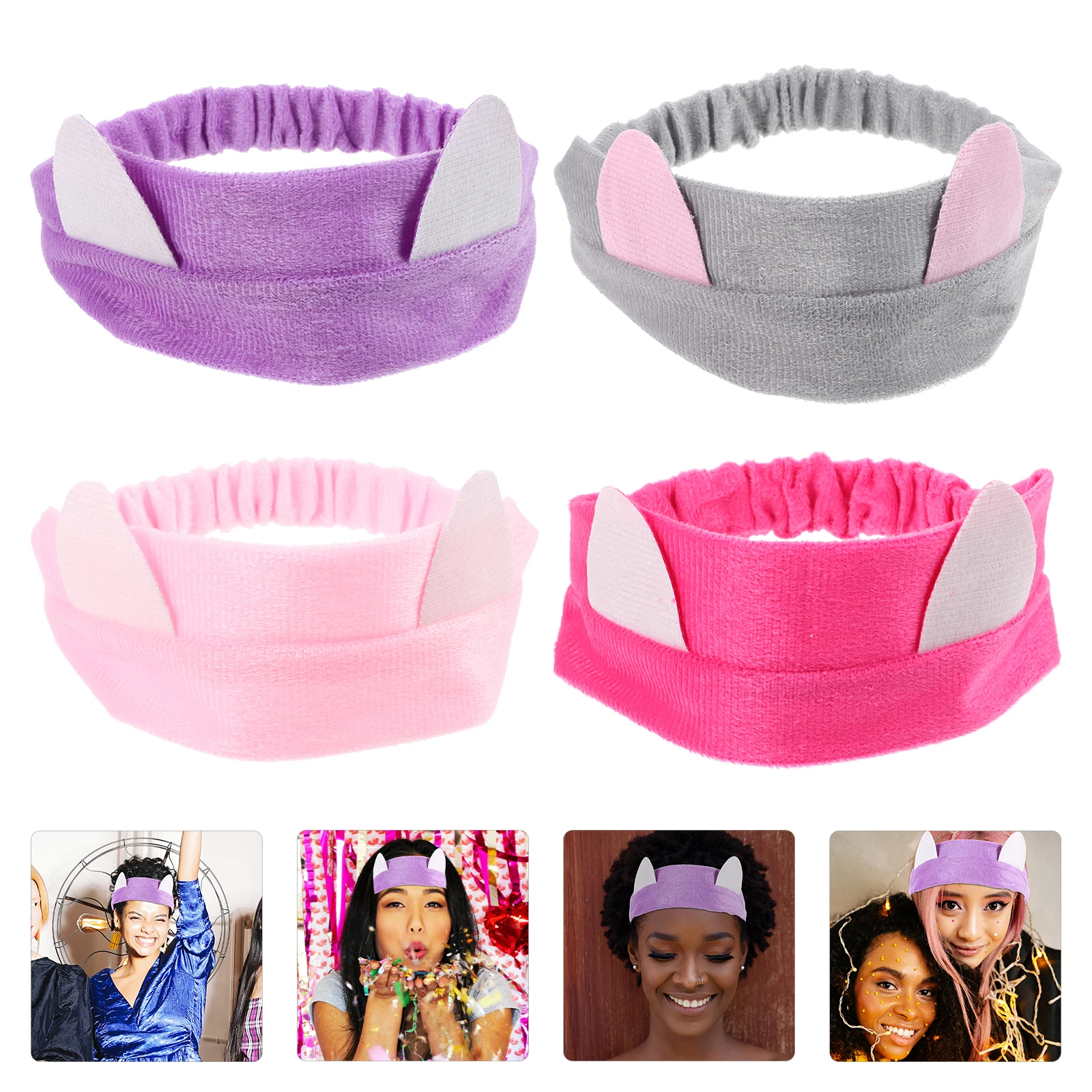 

4 Pcs Cat Ears Headbands Hair Ties Pink Grey Purple Red Cosplay Party Accessories Spa Hairband Lightweight Portable Storage