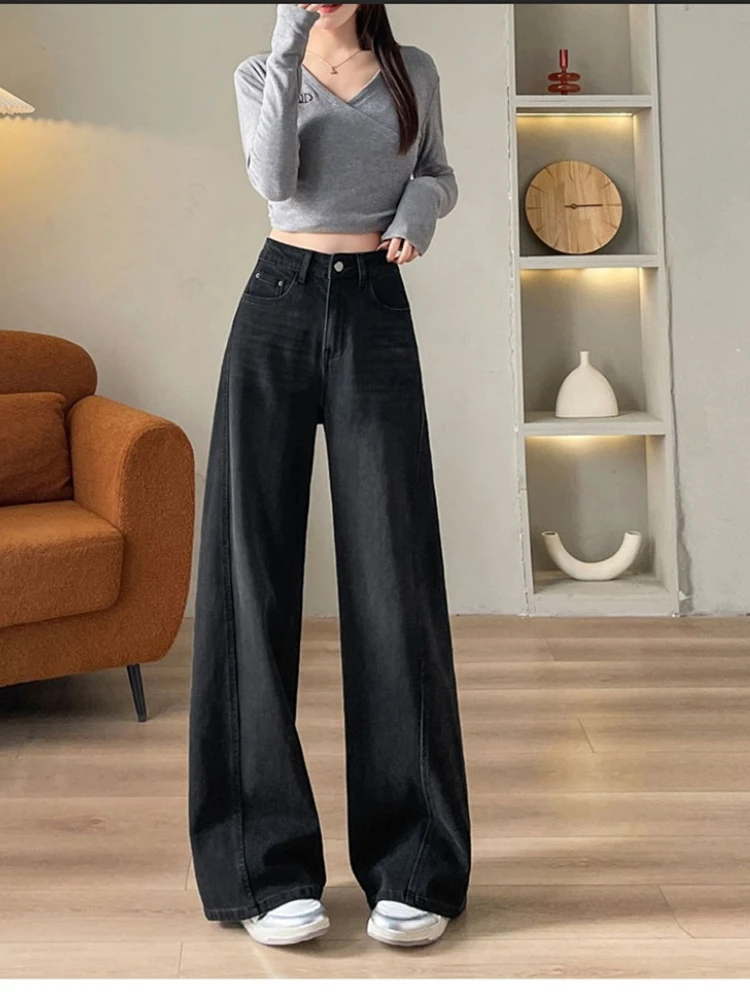 Denim straight leg pants women in the autumn of 2025 slimming elastic high waist narrow version curved knife pants